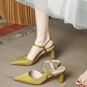 Women's Retro Minimalist Mustard Green Chunky Heel Sandals - Backless Peep-Toe Summer Fashion 2025