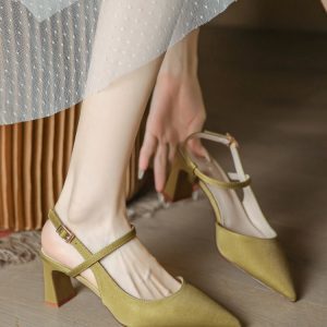 Women's Retro Minimalist Mustard Green Chunky Heel Sandals - Backless Peep-Toe Summer Fashion 2025