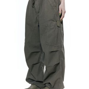 Women’s Retro Style Casual Cargo Pants with Drawstring Waist - Loose Fit Solid Color Pocket Trousers for Versatile Everyday Wear