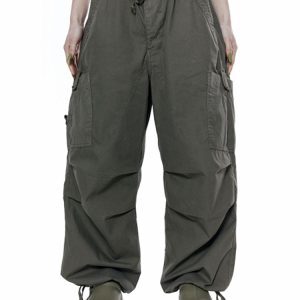 Women’s Retro Style Casual Cargo Pants with Drawstring Waist - Loose Fit Solid Color Pocket Trousers for Versatile Everyday Wear