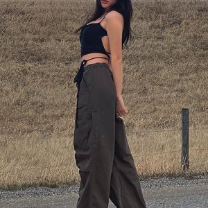 Women’s Retro Style Casual Cargo Pants with Drawstring Waist - Loose Fit Solid Color Pocket Trousers for Versatile Everyday Wear
