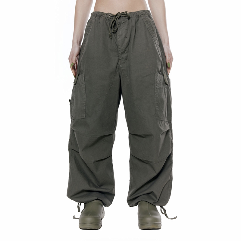 Women’s Retro Style Casual Cargo Pants with Drawstring Waist - Loose Fit Solid Color Pocket Trousers for Versatile Everyday Wear