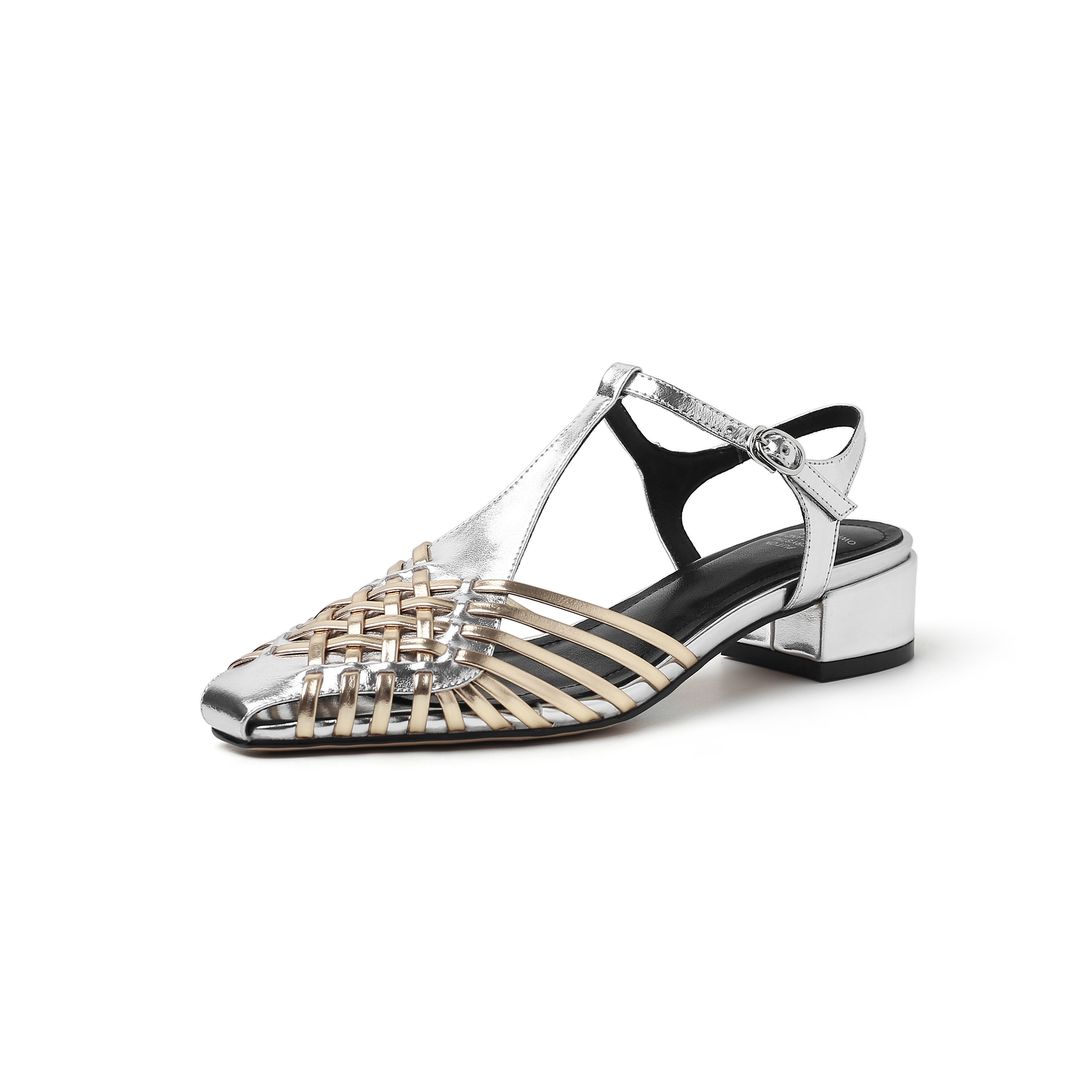 Women's Retro Woven Silver Square-Toe Buckle Sandals - Genuine Leather French-Style Vacation Shoes, Comfortable 2025 Model