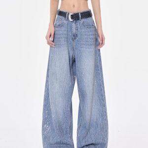 Women's Rhinestone Design Sparkling Diamond Bling Jeans - Summer Slim Wide-Leg Straight Pants, Y2K Fashion