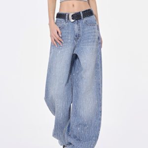 Women's Rhinestone Design Sparkling Diamond Bling Jeans - Summer Slim Wide-Leg Straight Pants, Y2K Fashion