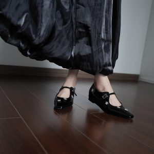 Women's Rhinestone Flower Flat Shoes - Silver Mary Jane Style with Hidden Height Increase, Small Square Toe, Fashionable Design