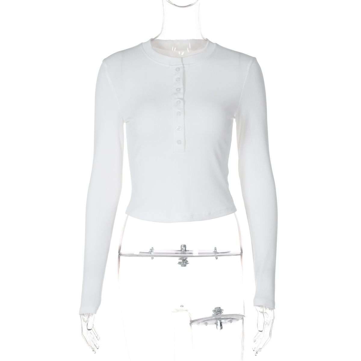 Women's Round Neck Button Half-Open Long Sleeve T-Shirt - Casual Slim Fit Solid Color Top for Early Autumn, European American Style