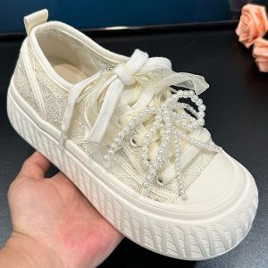 Women's Round-Toe Thick-Soled White Casual Shoes, 2025 Summer Style, Breathable Mesh Lace-Up Design with Pearl Accent