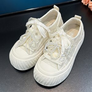 Women's Round-Toe Thick-Soled White Casual Shoes, 2025 Summer Style, Breathable Mesh Lace-Up Design with Pearl Accent