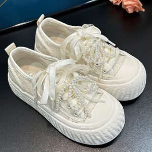 Women's Round-Toe Thick-Soled White Casual Shoes, 2025 Summer Style, Breathable Mesh Lace-Up Design with Pearl Accent