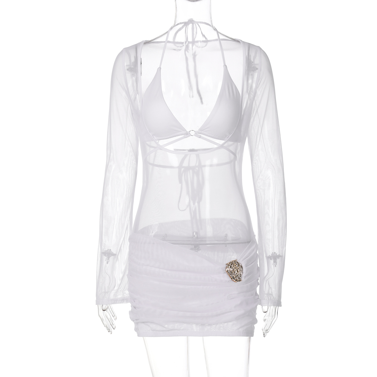 Women's Semi-Transparent Mesh Spliced Long Sleeve Dress with Tie-Up Camisole - Seaside Vacation Style, Y2K Fashion