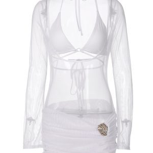 Women's Semi-Transparent Mesh Spliced Long Sleeve Dress with Tie-Up Camisole - Seaside Vacation Style, Y2K Fashion