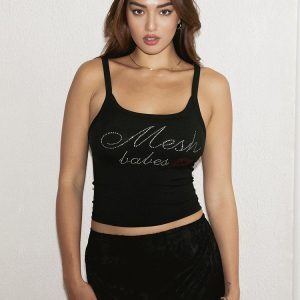 Women's Sequin Letter Printed Camisole - Versatile Casual Stretchy Fitted Top in European and American Style