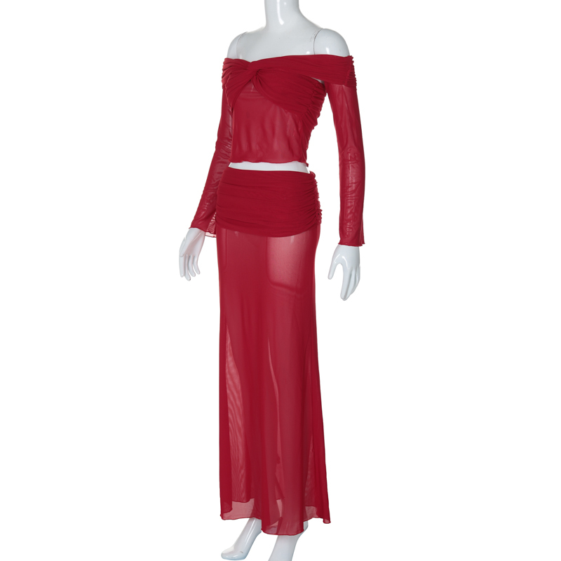 Women's Sexy Off-the-Shoulder Strapless Mesh Splicing Two-Piece Set, Long Skirt, European and American INS Style Fashion