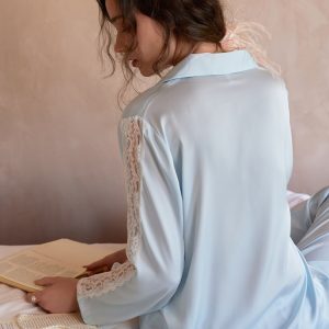 Women's Silk Pajama Set with Blue Lace, Long Sleeve Autumn & Winter Homewear, Versatile for Spring, Stylish for 2024