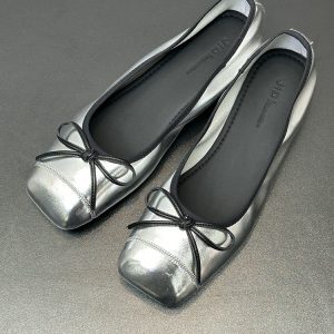 Women's Silver Chunky Heel Flat Shoes with Square Toe, Bow Detail, French Style for Spring and Autumn 2025, Fairy Aesthetic