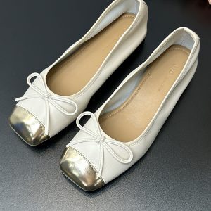 Women's Silver Chunky Heel Flat Shoes with Square Toe, Bow Detail, French Style for Spring and Autumn 2025, Fairy Aesthetic