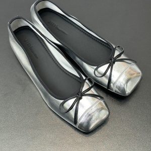 Women's Silver Chunky Heel Flat Shoes with Square Toe, Bow Detail, French Style for Spring and Autumn 2025, Fairy Aesthetic