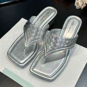 Women's Silver French Square-Toe Wedge Flip-Flops - Thick Sole Beach Sandals for Summer 2025 Outdoor Wear