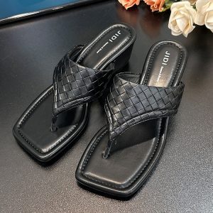Women's Silver French Square-Toe Wedge Flip-Flops - Thick Sole Beach Sandals for Summer 2025 Outdoor Wear