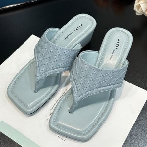 Women's Silver French Square-Toe Wedge Flip-Flops - Thick Sole Beach Sandals for Summer 2025 Outdoor Wear