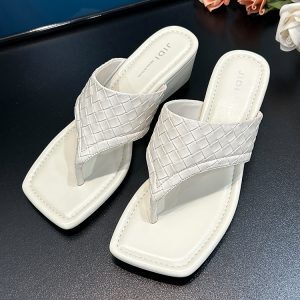 Women's Silver French Square-Toe Wedge Flip-Flops - Thick Sole Beach Sandals for Summer 2025 Outdoor Wear