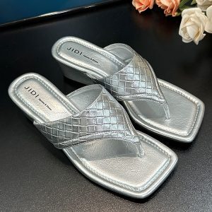 Women's Silver French Square-Toe Wedge Flip-Flops - Thick Sole Beach Sandals for Summer 2025 Outdoor Wear