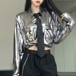 Women's Silver Long Sleeve Kpop Jazz Dance Shirt - Waist-Cinching Top for Street Performance - 2024 Trendy Style