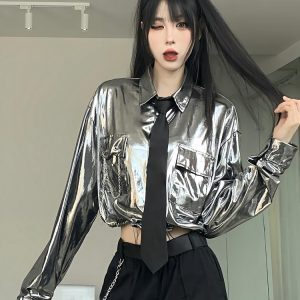 Women's Silver Long Sleeve Kpop Jazz Dance Shirt - Waist-Cinching Top for Street Performance - 2024 Trendy Style