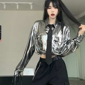 Women's Silver Long Sleeve Kpop Jazz Dance Shirt - Waist-Cinching Top for Street Performance - 2024 Trendy Style