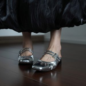 Women's Silver Open-Toe Slippers - Casual One-Strap Half-Slip-On Summer Sandals for Vacation & Everyday Wear
