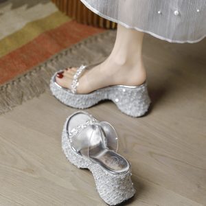 Women's Silver Platform Sandals with Waterproof Thick Soles, Height-Increasing Transparent One-Strap Slip-Ons for Outdoor Wear