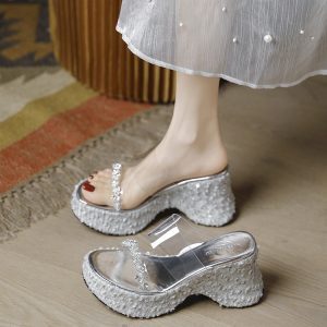 Women's Silver Platform Sandals with Waterproof Thick Soles, Height-Increasing Transparent One-Strap Slip-Ons for Outdoor Wear