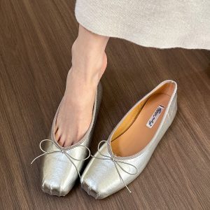 Women's Silver Soft Leather Flat Shoes with Bow - Spring/Summer 2024 Fashion, Chic Style, Comfortable Footwear