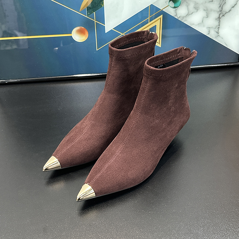 Women's Slim Ankle Boots with Low Heels, Metallic Pointed Toes, Elastic Sock Design, Plush Cotton, Fall/Winter 2024 Fashion