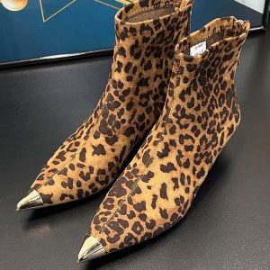 Women's Slim Ankle Boots with Low Heels, Metallic Pointed Toes, Elastic Sock Design, Plush Cotton, Fall/Winter 2024 Fashion
