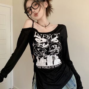 Women's Slim Fit Black Jazz Dance Top - Stylish Autumn Winter Outfit for Music Festivals, Niche Design