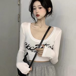 Women's Slim Fit Long Sleeve Jazz Dance Top - White Performance T-Shirt for Spring and Autumn, Perfect for Group Performances