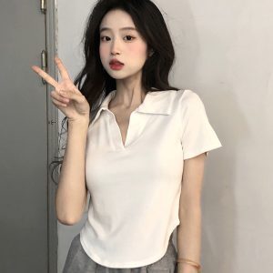 Women’s Slim Fit Polo Collar T-Shirt - White Short Sleeve Jazz Girl Group Top with Sweet and Spicy Design - Y2K Style