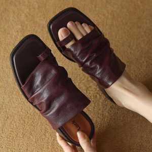 Women's Soft Lambskin Thong Sandals - Wrinkled Design, Slip-On Summer Outdoor Flat Sandals, 2024 Fashion Trend