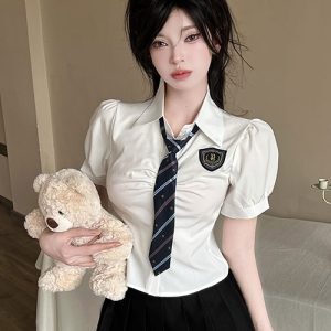 Women's Summer Blue Tie Short-Sleeve Shirt & Pleated Skirt Set - Hotel Technician Work Uniform for Foot Massage Services