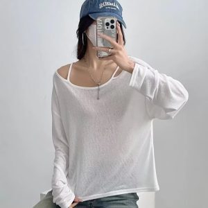 Women's Summer Off-Shoulder Loose Cardigan T-Shirt - Relaxed Fit, Long Sleeve Camisole, Sun Protection, Casual Style
