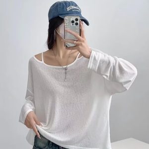 Women's Summer Off-Shoulder Loose Cardigan T-Shirt - Relaxed Fit, Long Sleeve Camisole, Sun Protection, Casual Style