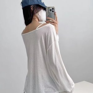Women's Summer Off-Shoulder Loose Cardigan T-Shirt - Relaxed Fit, Long Sleeve Camisole, Sun Protection, Casual Style