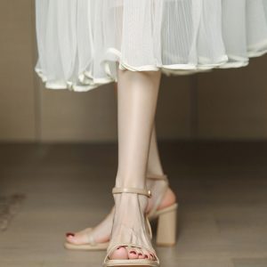 Women's Summer One-Strap Open-Toe High-Heeled Sandals, Chunky Heel, Nude Color, 2025 French Minimalist Style