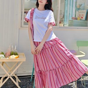Women's Summer OOTD White Letter Print T-Shirt and Red Plaid Long Skirt Two-Piece Set - Casual 90s Style Outfit