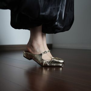 Women's Summer Open-Toe Flat Sandals with One-Strap Buckle – Metallic Gold and Silver – Chic Y2K Style Footwear