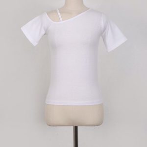 Women's Summer Short Sleeve T-Shirt with Slanted Neckline, Off-Shoulder Style, and Body-Hugging Fit - Korean Fashion