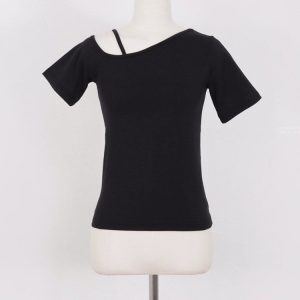 Women's Summer Short Sleeve T-Shirt with Slanted Neckline, Off-Shoulder Style, and Body-Hugging Fit - Korean Fashion