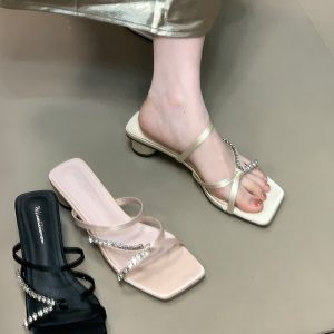 Women's Summer Slide Sandals with Thin Water Diamond Strap, French High-End Square Toe Open-Toe Slippers